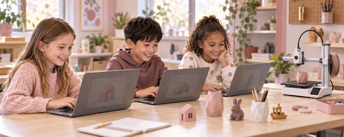 Drie kinderen ontwerpen samen op laptops in een 3D-printatelier