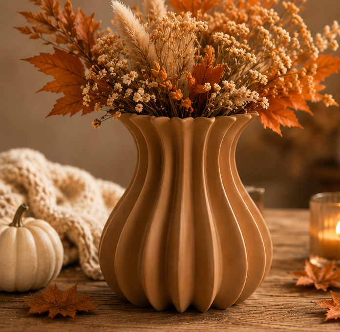 Terracotta 3D-geprinte sierlijke vaas met herfstbloemen, als voorbeeld van maatwerk