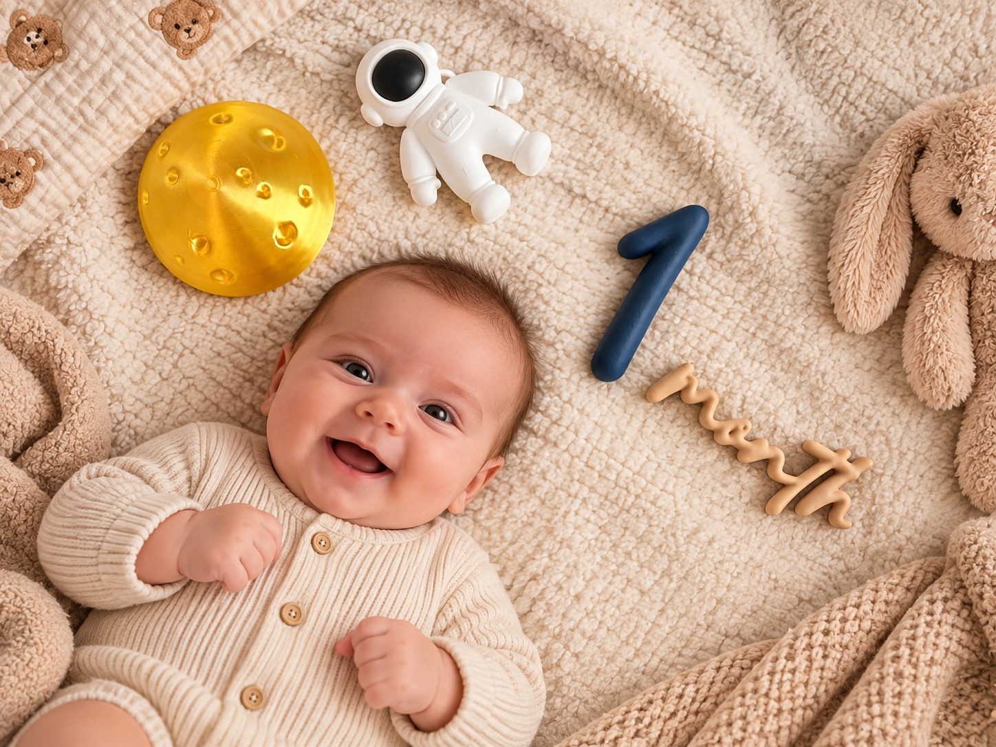 Lachende baby naast het gepersonaliseerde 'Milestones'-setje met ruimtethema: astronautje, gouden maan en het cijfer 1 met 'month'