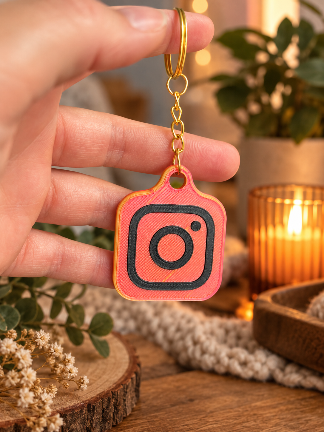 NFC-sleutelhanger met Instagram-logo in koraalroze, vastgehouden tussen de vingers