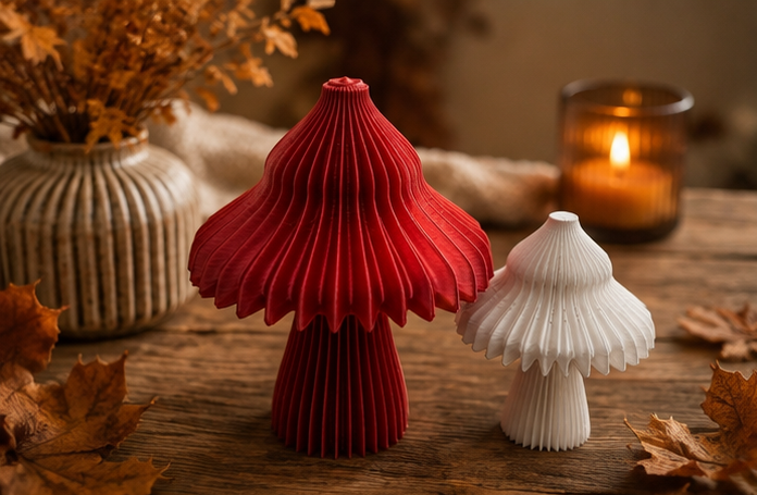 Herfstdecoratie: geplooide paddenstoelen in rood en wit als sfeervol decoratiestuk