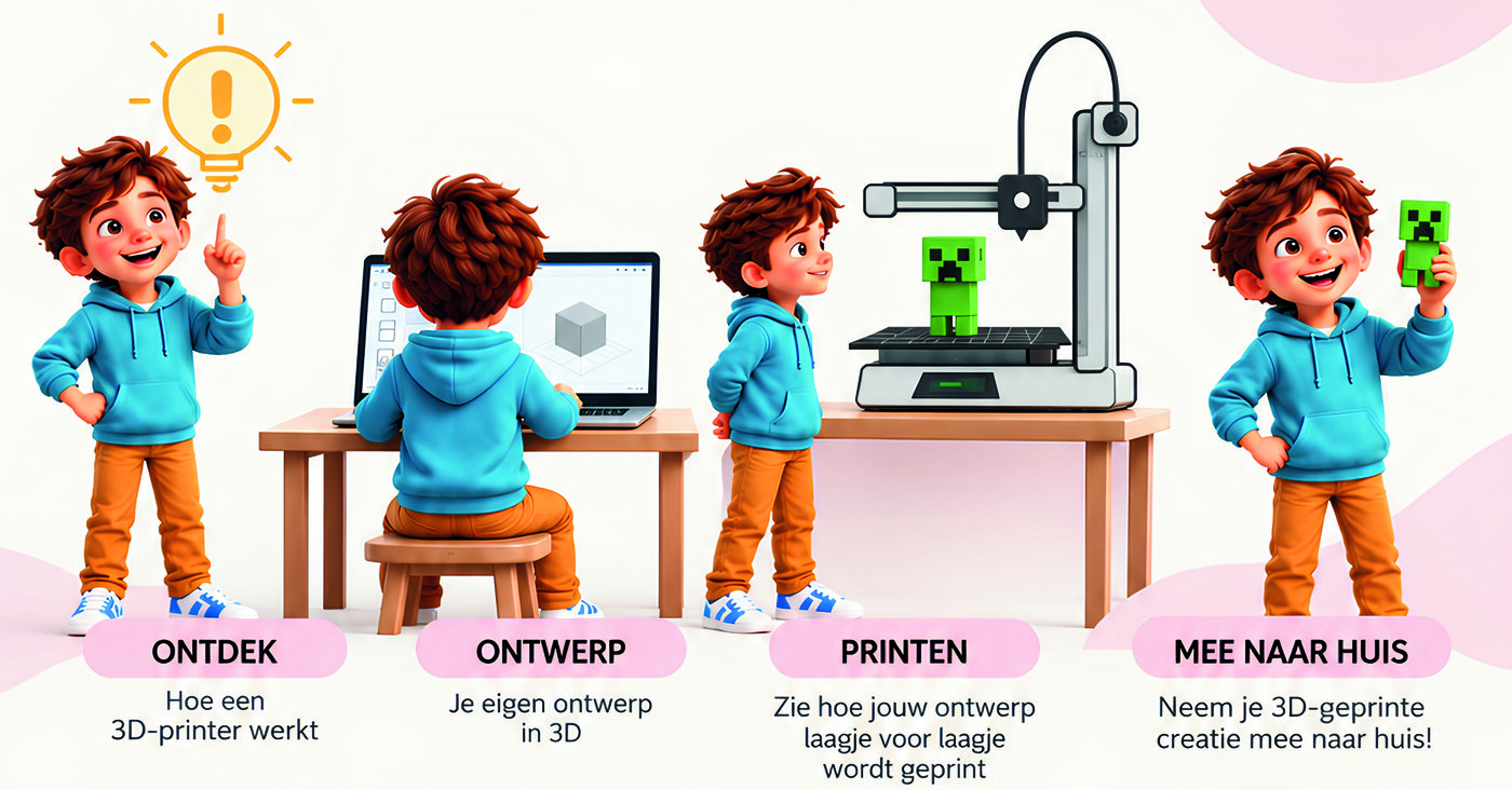 Ontdek hoe een 3D-printer werkt, ontwerp je eigen ontwerp in 3D, zie hoe het laagje voor laagje geprint wordt en neem je 3D-geprinte creatie mee naar huis